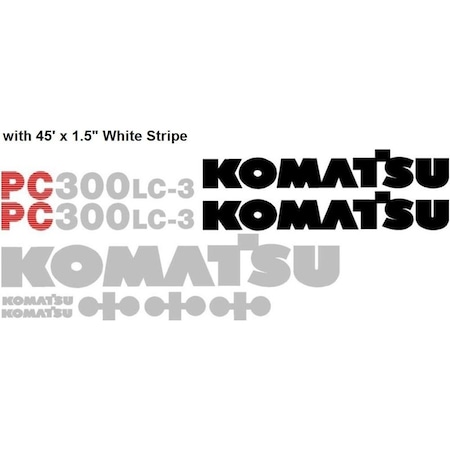 Aftermarket Komatsu PC 300LC-3 Excavator Decal Set with 45' x 1.5" White Stripe KMPC300LC-3DECALSET